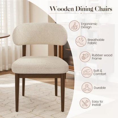 Wooden Dining Room Chairs Set of 2, Modern Upholstered Teddy Fabric Kitchen Chairs with Ergonomic Curved Back, Farmhouse Dining Side Chair with Solid Wood Frame for Kitchen Room, Beige - color: Beige