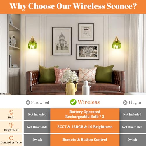 Vintage Battery Operated Wall Sconce, Wireless Wall Lights with Bulbs | 15 Colors Rechargeable Gold Wall Lamp Set of 2 with Green Tulip Glass Lampshade and Remote for Bedroom Living Room Decor - color: Green & Gold, size: 2-Pack