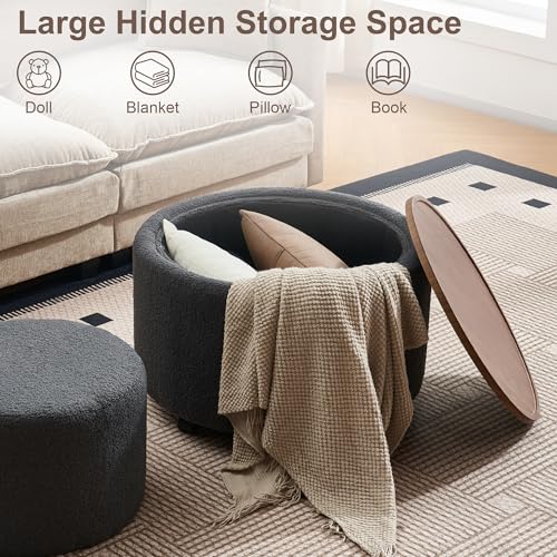 28 Inch Round Storage Ottoman with Wheels Set of 2, Multifunctional Coffee Table Ottoman with Removable Solid Wood Lid, Modern Circle Ottoman Foot Rest for Living Room, Bedroom, Dark Gray - color: Dark Gray