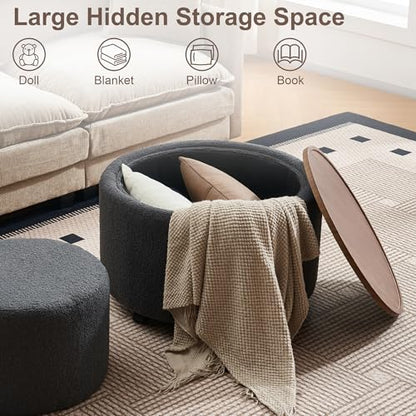 28 Inch Round Storage Ottoman with Wheels Set of 2, Multifunctional Coffee Table Ottoman with Removable Solid Wood Lid, Modern Circle Ottoman Foot Rest for Living Room, Bedroom, Dark Gray - color: Dark Gray