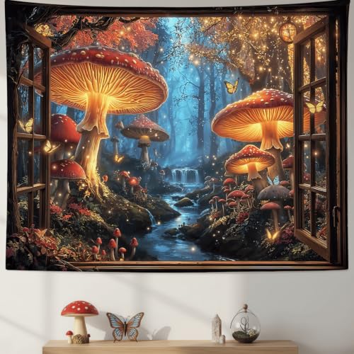 Accnicc Fantasy Window Mushroom Forest Tapestry 48x36 Inch | Fairy Jungle Small Tapestry Wall Hanging, Butterfly Stream Landscape Wall Art, Ideal for Bedroom Dorm Living Room Decor - color: Red Brown, size: 48"L x 36"W