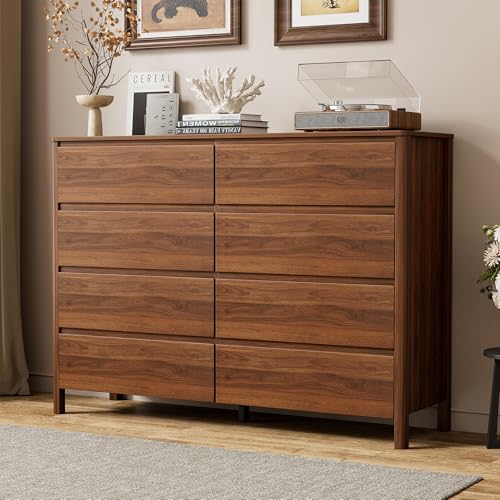 Furniway 55" Mid-Century Modern Dresser for Bedroom, 8 Drawer Wide Chest of Drawers with Wood Legs, Large Storage Bedroom Dresser, Walnut - size: 8 Drawers