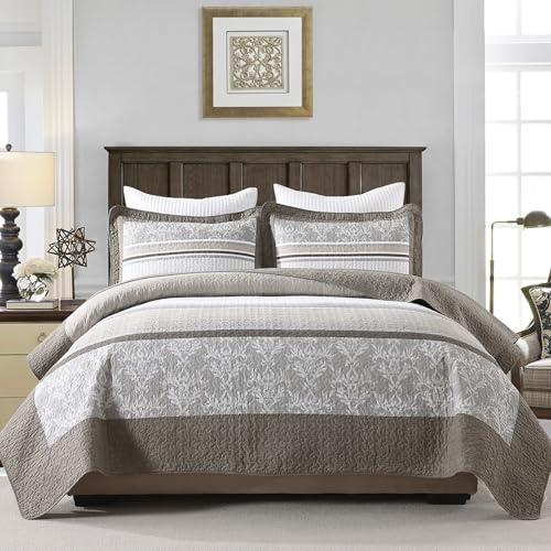 100% Cotton Quilt Set Queen Size - Reversible Quilted Comforter, Striped Botanical Queen Quilt Bedspread, Modern Lightweight Bedding for Queen Bed, 3pcs, Taupe/Gray/White - color: Taupe/Gray/White, size: Queen(90"x98")