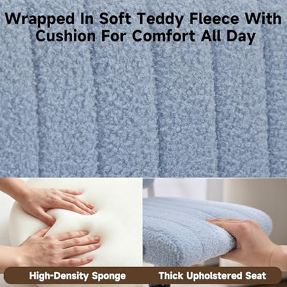 Office Chair Vanity Chair with Wheels | Comfy Desk Chair with Back | Cute Teddy Armless Adjustable Swivel Chair | Small Vanity Stool | for Bedroom Home Computer Task | Light Blue - color: Light Blue
