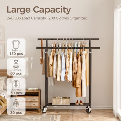 HYSEYY Double Rods Clothes Rack for Hanging Clothes, Rolling Metal Garment Rack with Wheels for Bedroom Laundry Living Room.39 L x 16.5" W x 60.23" H.