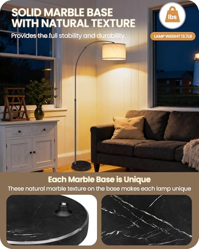 75" Arc Floor Lamp with Marble Base and Adjustable Height, Rotating Hanging Shade, Dimmable Floor Lamp for Living Room with Remote and Foot Switch, 3CCT, Over Couch Arched Reading Light E15LD05 - color: Black + Beige