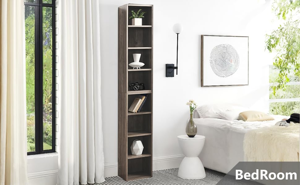 Tall Narrow Bookshelf,8-Tiers Bookcase with Adjustable Shelves,Double-Decker Combination Thin Media Tower Rack,CD DVD Slim Storage Cabinet for Living Room,Bedroom,Studio and Office (Gray, 71"H) - color: Grey