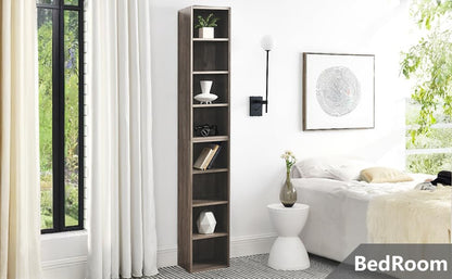 Tall Narrow Bookshelf,8-Tiers Bookcase with Adjustable Shelves,Double-Decker Combination Thin Media Tower Rack,CD DVD Slim Storage Cabinet for Living Room,Bedroom,Studio and Office (Gray, 71"H) - color: Grey