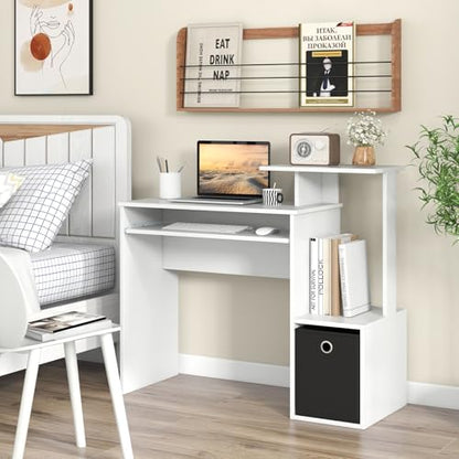 Tangkula Computer Desk with Fabric Drawer & Keyboard Tray, Space-Saving Study Writing Desk with Open Storage Shelves & Printer Stand, Modern Home Office Computer Workstation for Small Spaces (White)