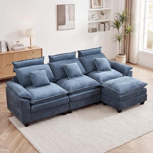 103'' Modular L Shaped Sofa, Cloud Deep Seat Sofa Couch with Ottoman, Detachable Headrest, 3 Seater Sectional Sofas for Living Room, Apartment, Studio, Blue - color: Blue, size: L Shaped Couch