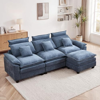 103'' Modular L Shaped Sofa, Cloud Deep Seat Sofa Couch with Ottoman, Detachable Headrest, 3 Seater Sectional Sofas for Living Room, Apartment, Studio, Blue - color: Blue, size: L Shaped Couch
