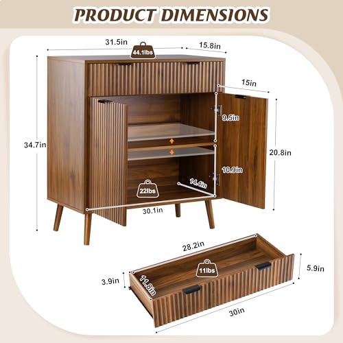 LYNCOHOME Fluted Sideboard Buffet Cabinet with Storage, 1 Drawers and 2 Doors,Solid Wood Feet for Kitchen, Hallway - size: 15.8"D x 31.5"W x 34.7"H