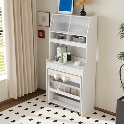 Wood Buffet Cabinet with Folding Dining Table, Craft Cabinet with Fold Out Table and Storage Shelf, Hooks, Multifunctional Cupboard for Small Places,Studio, Apartment (White+Natural) - color: White+natural