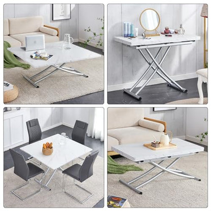 Liftable Folding Dining Table for 4, Adjustable Drop Leaf Table, Folding Coffee Table for Small Spaces, Scratch-Resistant Wood Top with Metal Frame for Apartment Kitchen Living Room - color: White-silver