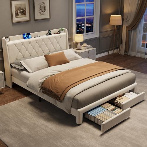 Garvee Queen Bed Frame with Storage, Velvet Upholstered Platform Bed Frame with Crystal Tufted Headboard, Charging Station, 2 Drawers, No Box Spring Needed, Noise-Free,for Bedroom, Ivory | Velvet Upholstered Platform Bed Frame with Crystal Tufted Headboar