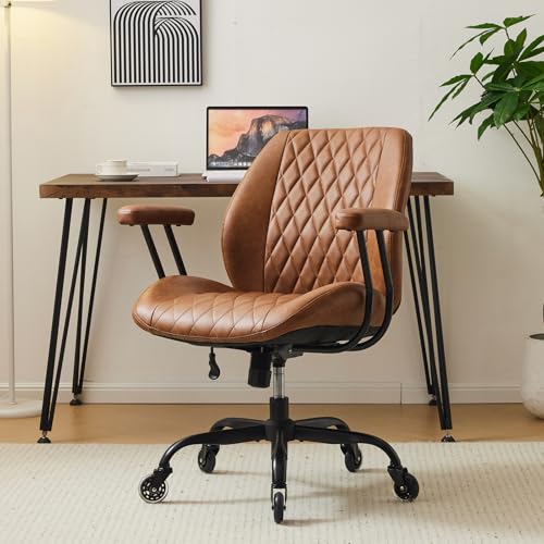 YFO Home Office Desk Chair Office Rubber Casters Ergonomic Computer Chair with Lumbar Support Adjustable Height Rolling Swivel Executive Task Armrests Chair， Brown Leather - color: Brown, size: Mid Back