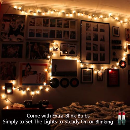 ODEETRONIC Steady & Blink Clear Christmas Lights, 21.63ft 100 Count Incandescent Christmas Lights, 2 Modes UL Certified Warm Clear Light, Connectable Mini Tree Light for Room Wedding Party, Green Wire | Waterproof; UL certified connectable plug in; Xmas t