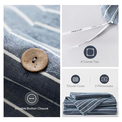 JELLYMONI Cotton Duvet Cover Oversized King Size - Blue Pinstriped Comforter Cover with Button 100% Washed Cotton 3PCS Breathable Soft Solid Bedding Set Duvet Cover 120×98in & 2 Pillowcases - color: 03- Blue Pinstripe, size: Oversized King(120"×98")