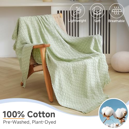 Simple&Opulence 100% Cotton Throw Blanket for Couch, Bed, Waffle Weave Knit Blanket with Tassels, Soft Lightweight Pre-Washed Breathable Comfy Blanket Farmhouse Decor for All-Season(Sage Green) - color: B-sage Green