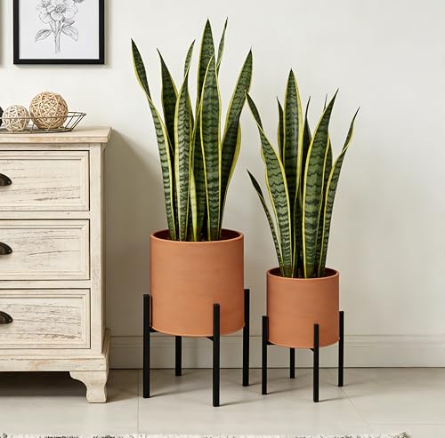 ARNIS Modern Plant Pots, Set of 2 Large Planters with Stand, Decorative Planters, Metal Pots with Drainage Holes for Living Room, Office, Garden or Balcony, 8.25 &10.5 Inch, Terracotta - color: Terracotta, size: 8.25 &10.5