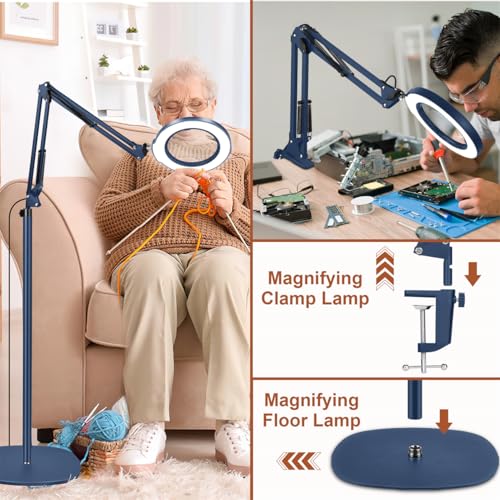 LANCOSC 15X Magnifying Glass with Light and Stand, 3-in-1 Adjustable Swing Floor Lamp, 5 Color Modes Stepless Dimmable, LED Lighted Hands Free Magnifier & Clamp for Reading, Crafts, Painting - Blue - color: Blue