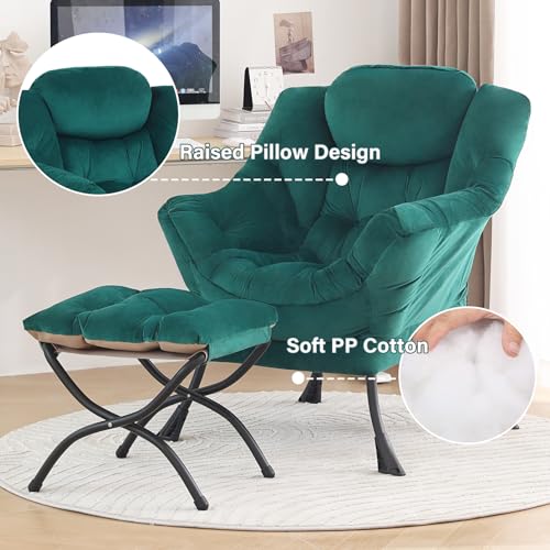 Lazy Chair with Ottoman, Comfy Reading Accent Chair, Velvet Green | Foldable Footrest, Padded Seat and Backrest, Side Pocket for Lounging in Living Rooms, Bedrooms, Dorms and Small Spaces - color: Green