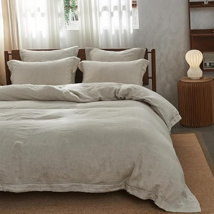 Simple&Opulence 100% Washed Linen Duvet Cover Set with Embroidered,3 Pieces Soft Farmhouse Comforter Set with Button Closure,1 Duvet Cover and 2 Pillowshams(Queen,Natural Linen) - color: Embroidery Linen, size: Queen