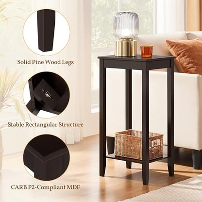 Topeakmart Tall Narrow Side Table, 2-Tier Espresso Nightstand with Storage | Sturdy MDF and Pinewood End Table, Extra Tall and Slim for a Small Bedroom or Living Room, With Shelf and Easy Assembly