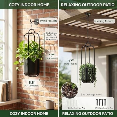 Hanging Planters for Indoor Plants Black Modern Hanging Pots for Plants 5.5 Inch,Metal Hanging Baskets Window Plant Hanger Ceiling Hanging Flower Pots with Chain for Wall Decor