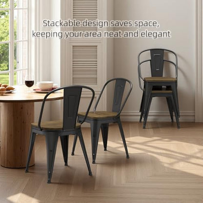 18 Inch Dining Chairs Set of 4, Farmhouse Metal Chairs with High Back and Wooden Seat, Stackable Industrial Bar stools for Dining Room(Black) - color: Black