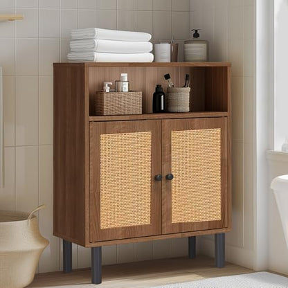 Rattan Storage Cabinet, Boho Accent Cabinet with Double Doors | Small Freestanding Sideboard for Hallway, Laundry Room,Kitchen, Dining Room, Entryway (Walnut) - color: Walnut