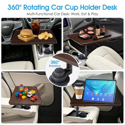 Car Desk for Laptop, 360° Swivel, Height Adjustable Wood-Grain Tray | Tool-free install, fits 2.8"-3.9" cup holders. Scratch-resistant wood-grain finish. For laptop work, dining, or passenger use