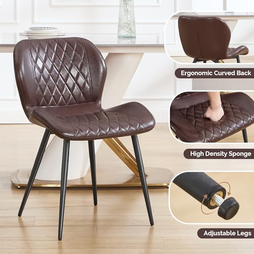 Dining Chairs Set of 2, Comfy Modern Dining Chairs with Thick Cushions, Upholstered Faux Leather Kitchen Side Chairs with Adjustable Metal Legs for Dining Room (Coffee) - color: Coffee, size: Set of 2