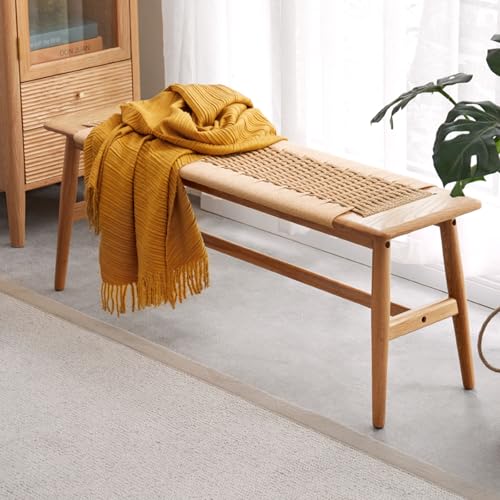 100% Solid Oak Farmhouse Entryway Bench, Wooden Bench Indoor with Hand Woven Rope Surface Design, Wood Bench for End of Bed with Solid Structure(Natural, 43.31" Wx11.81 Dx15.98 H) - color: Beige, size: 43.31"