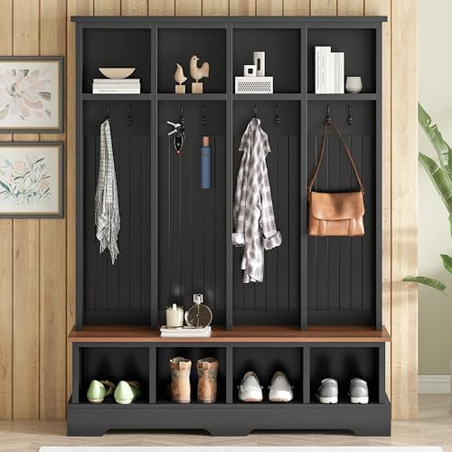 Merax Farmhouse Hall Tree with Bench and Shoe Storage, 59" Entryway Bench with Coat Rack, 3-in-1 Hall Tree with Top Compartments and 8 Hooks for Hallway, Living Room, Black - color: Black