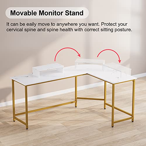 L Shaped Computer Desk with Monitor Stand Reversible White and Gold | Reversible Modern Corner Desk for Home Office Sturdy PC Workstation Study Writing Table