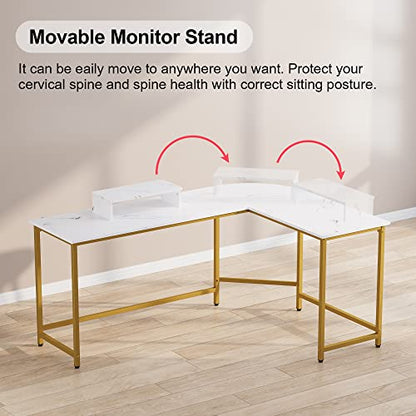 L Shaped Computer Desk with Monitor Stand Reversible White and Gold | Reversible Modern Corner Desk for Home Office Sturdy PC Workstation Study Writing Table
