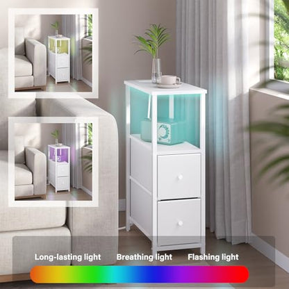 TUTOTAK Narrow LED End Table with Charging Station, Skinny Side Table | Bedside Table with Outlets, Nightstand with 2 Cloth Drawers, Couch Table for Living Room, Bedroom, White TB01BW056 - color: White, style: 2 Drawers with Plug & Light