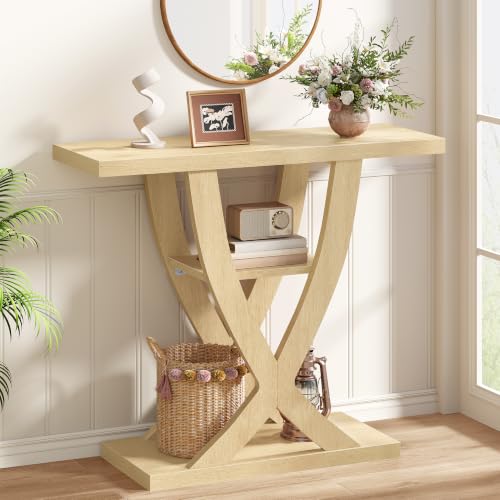 FAVOOSTY 39.4" Entryway Table, 3 Tier Hallway Table, Console Tables for Living Room, Narrow Entrance Table with Storage, Sofa Table Behind Counch, Accent Table for Entry Foyer, Natural Brown - color: Natural Brown