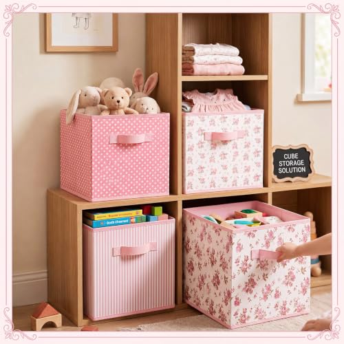Marsui 4 Pcs Pink Floral Cube Storage Bins 11 Inch Pink Flower Storage Basket with Handle, Preppy Organizer Basket, Collapsible Fabric Box for Classroom Bedrooms Office Home Decoration Gift