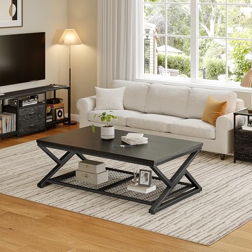 EnHomee Coffee Table, Storage & Shelf, X-Frame Stability, Black Oak | Families, Wood & Metal, Holds Magazines & Drinks, Modern Design, Living Room, 47.2“ - color: Black Oak, size: 47.2 Inch