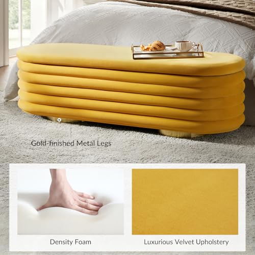 HULALA HOME Velvet Storage Bench, Large Upholstered Ottoman Bench with Button Tufted Design for Living Room, Bedroom, Entryway, Mustard - color: Mustard