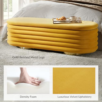 HULALA HOME Velvet Storage Bench, Large Upholstered Ottoman Bench with Button Tufted Design for Living Room, Bedroom, Entryway, Mustard - color: Mustard