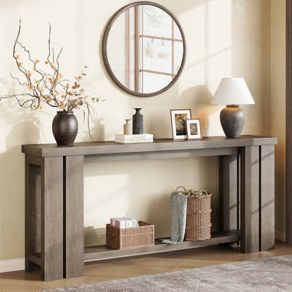 70.9 Rustic Grey Farmhouse Console Sofa Table Behind Couch Entryway Wood | Thick 2-inch engineered wood tabletop with embossed texture