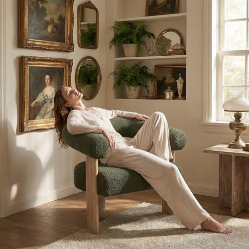 VKNOW Barrel Accent Chair, Vanity Chair with Armrests and Rubberwood Legs | Mid Century Modern Upholstered Living Room Chairs with Open Back, Sherpa Fabric, arm chair for Living Room, Bedroom, Green - color: Green, size: Set of 1