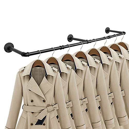 Industrial Iron Pipe Clothes Hanging Bar DIY Wall-Mounted Garment Rack Heavy Duty Clothing Rack for Bedroom, Laundry Room, Closet Storage (Black 60 inch) - color: Black, size: 60 Inch