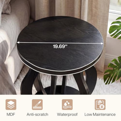 Tribesigns Round End Side Table Set of 2: Farmhouse Wooden Side Table for Living Room, Bedside Nightstand with Curved Frame, Accent Nightstand for Bedroom, Small Spaces, Black(2PC) - color: Black