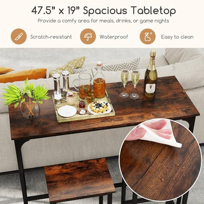 COSTWAY 3-Piece Dining Table Set, 47.5" Industrial Counter-Height Kitchen Table and 2 Bar Stools, High Top Rectangular Pub Table and Chairs for Dining Room Small Place Breakfast Nook Bistro (Coffee) | w/ 2 Bar Stools, High Top Rectangular Pub Table and Ch