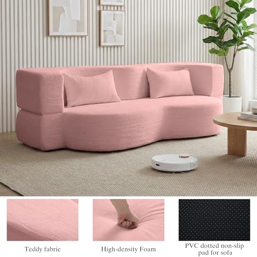 2-in-1 Folding Convertible Sofa Bed - 78 Inch Boneless Loveseat Sleeper, Foldable Floor Futon Couch with Pillow, Pull-Out Modular Matress for Small Spaces (Living Room/Bedroom/Dorm) (Pink) - color: Pink