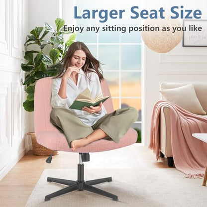 DUMOS Criss Cross Chair No Wheels, Cross Legged Office Desk Armless Vanity Chiar Wide Seat, Height Adjustable Swivel Computer Task Chairs for Home Bedroom, Pink Teddy - color: Pink Teddy